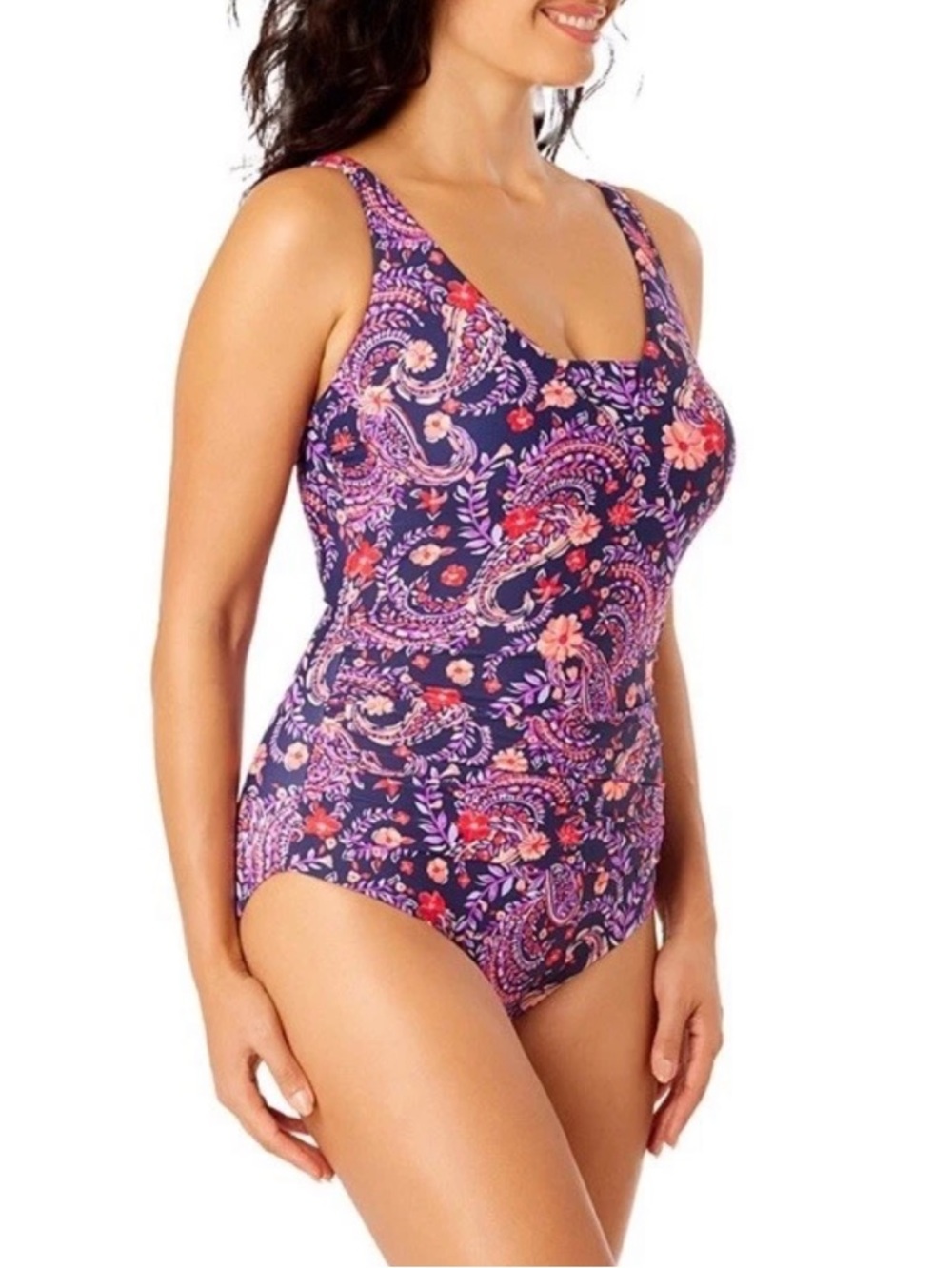 Lands' End One-Piece Swimsuit Navy Floral Print Ruched Adjustable Strap Small